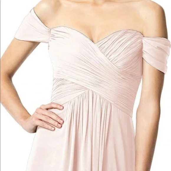 knee length dresses for ladies Dessy CS101 Off the Shoulder Corset Stretch Satin Long Gown – Gigi's  Closette Ltd